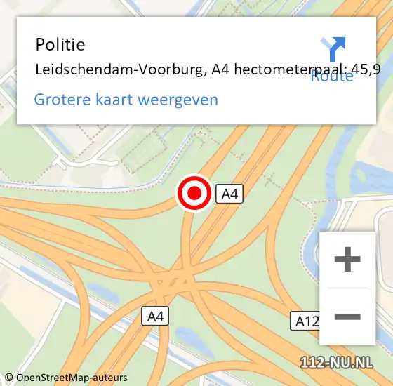 Locatie op kaart van de 112 melding: Politie Leidschendam-Voorburg, A4 hectometerpaal: 45,9 op 26 augustus 2023 19:30