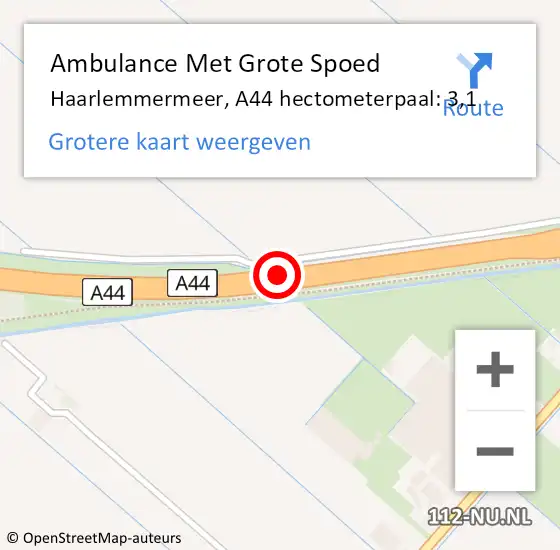 Locatie op kaart van de 112 melding: Ambulance Met Grote Spoed Naar Haarlemmermeer, A44 hectometerpaal: 3,1 op 27 augustus 2023 01:03