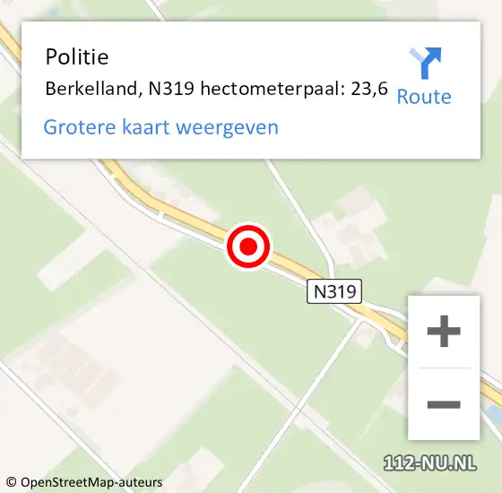 Locatie op kaart van de 112 melding: Politie Berkelland, N319 hectometerpaal: 23,6 op 27 augustus 2023 02:19