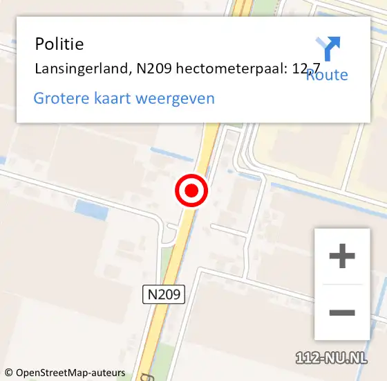 Locatie op kaart van de 112 melding: Politie Lansingerland, N209 hectometerpaal: 12,7 op 27 augustus 2023 04:00