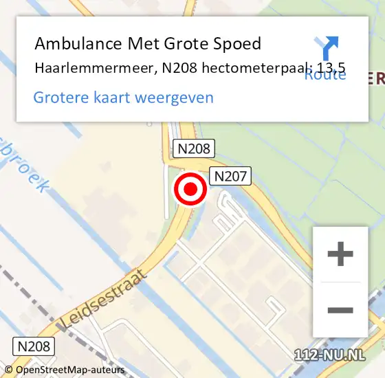 Locatie op kaart van de 112 melding: Ambulance Met Grote Spoed Naar Haarlemmermeer, N208 hectometerpaal: 13,5 op 27 augustus 2023 05:15