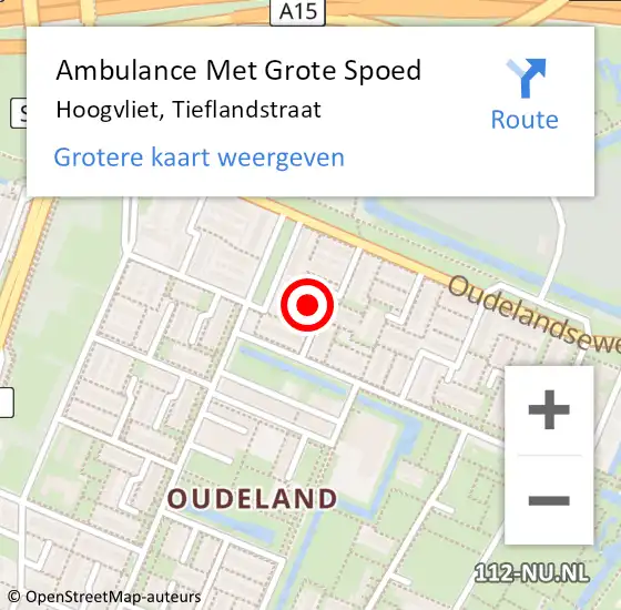 Locatie op kaart van de 112 melding: Ambulance Met Grote Spoed Naar Hoogvliet, Tieflandstraat op 27 augustus 2023 08:28