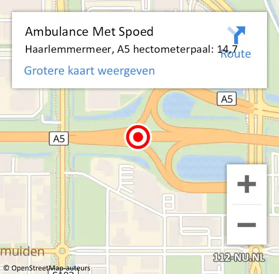 Locatie op kaart van de 112 melding: Ambulance Met Spoed Naar Haarlemmermeer, A5 hectometerpaal: 14,7 op 27 augustus 2023 08:36