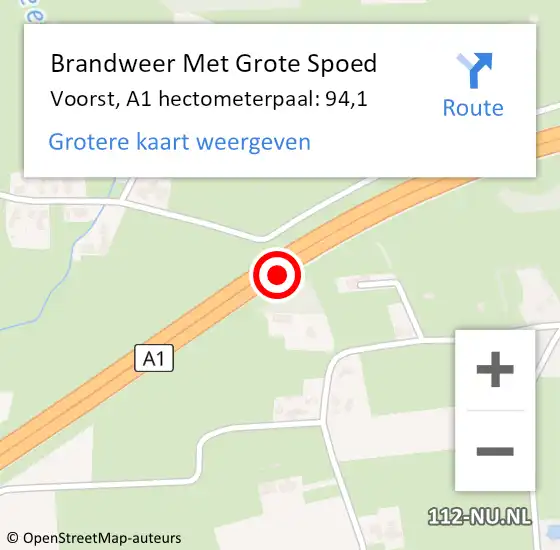 Locatie op kaart van de 112 melding: Brandweer Met Grote Spoed Naar Voorst, A1 hectometerpaal: 94,1 op 27 augustus 2023 09:28