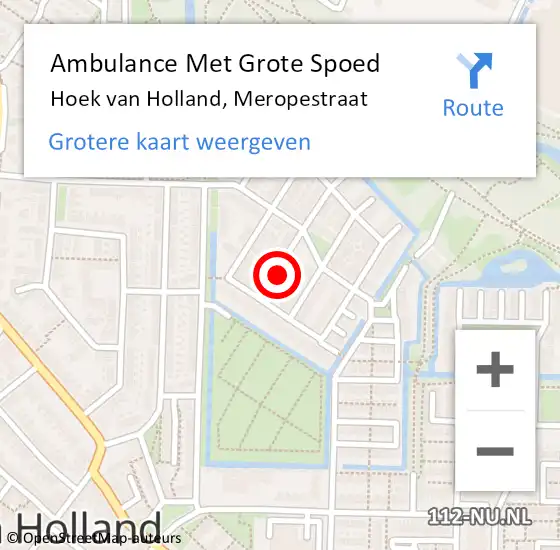 Locatie op kaart van de 112 melding: Ambulance Met Grote Spoed Naar Hoek van Holland, Meropestraat op 27 augustus 2023 09:40