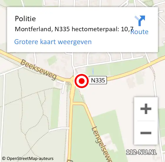 Locatie op kaart van de 112 melding: Politie Montferland, N335 hectometerpaal: 10,7 op 27 augustus 2023 10:07