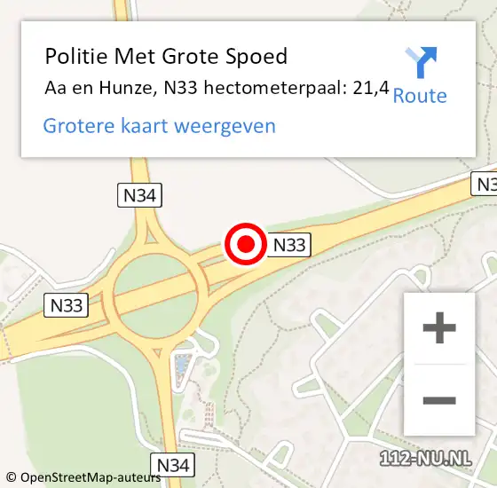 Locatie op kaart van de 112 melding: Politie Met Grote Spoed Naar Aa en Hunze, N33 hectometerpaal: 21,4 op 27 augustus 2023 10:10