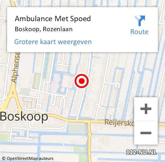 Locatie op kaart van de 112 melding: Ambulance Met Spoed Naar Boskoop, Rozenlaan op 27 augustus 2023 10:33