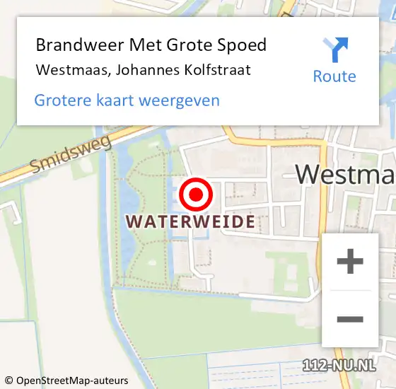 Locatie op kaart van de 112 melding: Brandweer Met Grote Spoed Naar Westmaas, Johannes Kolfstraat op 27 augustus 2023 11:30