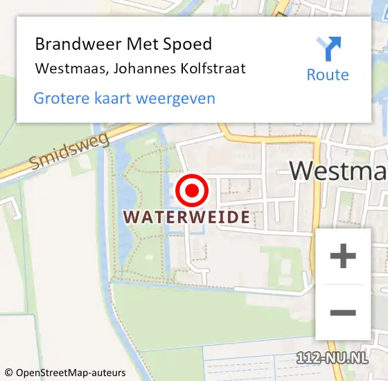 Locatie op kaart van de 112 melding: Brandweer Met Spoed Naar Westmaas, Johannes Kolfstraat op 27 augustus 2023 11:56