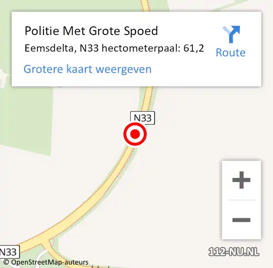 Locatie op kaart van de 112 melding: Politie Met Grote Spoed Naar Eemsdelta, N33 hectometerpaal: 61,2 op 27 augustus 2023 13:40