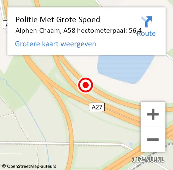 Locatie op kaart van de 112 melding: Politie Met Grote Spoed Naar Alphen-Chaam, A58 hectometerpaal: 56,4 op 27 augustus 2023 14:00