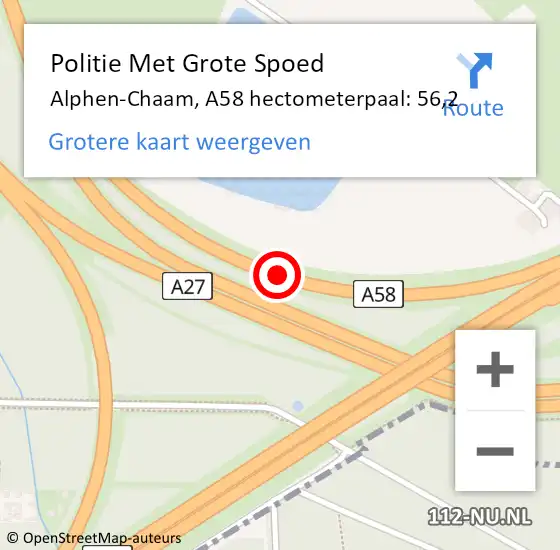 Locatie op kaart van de 112 melding: Politie Met Grote Spoed Naar Alphen-Chaam, A58 hectometerpaal: 56,2 op 27 augustus 2023 14:02