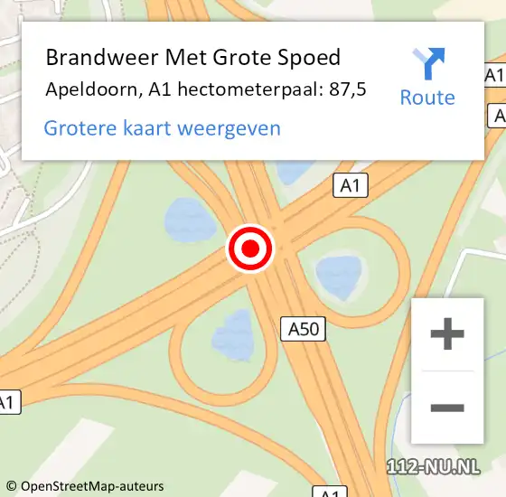 Locatie op kaart van de 112 melding: Brandweer Met Grote Spoed Naar Apeldoorn, A1 hectometerpaal: 87,5 op 27 augustus 2023 14:30