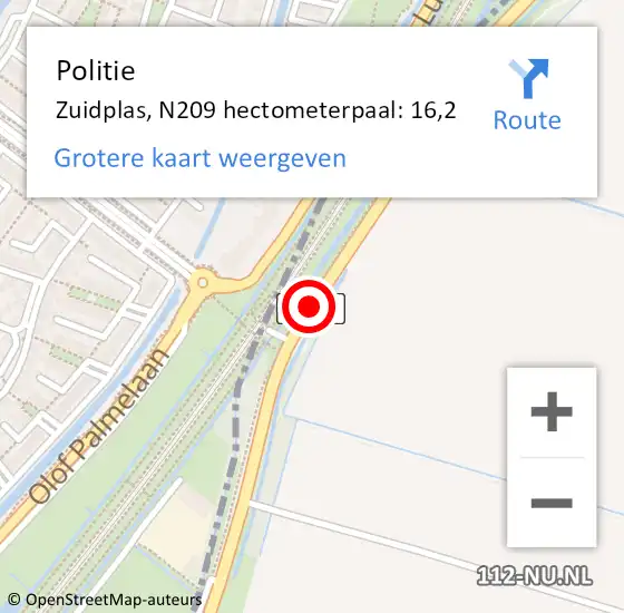 Locatie op kaart van de 112 melding: Politie Zuidplas, N209 hectometerpaal: 16,2 op 27 augustus 2023 14:37