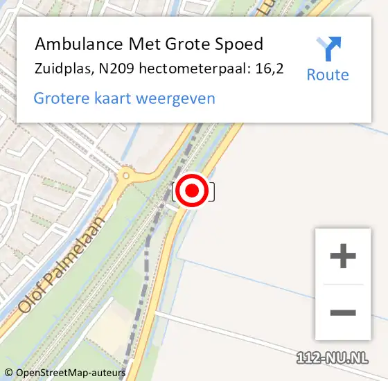 Locatie op kaart van de 112 melding: Ambulance Met Grote Spoed Naar Zuidplas, N209 hectometerpaal: 16,2 op 27 augustus 2023 14:37