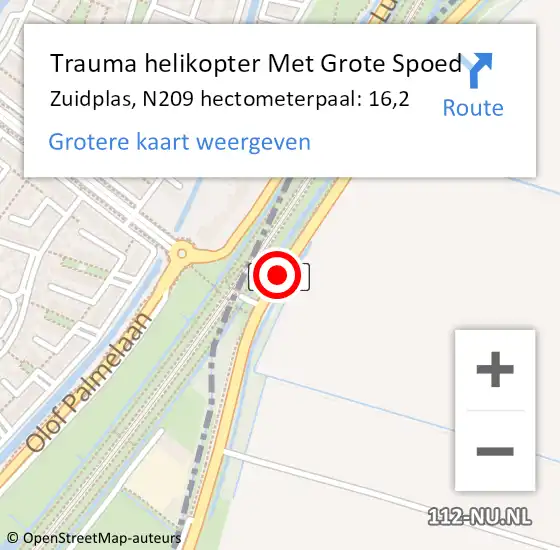 Locatie op kaart van de 112 melding: Trauma helikopter Met Grote Spoed Naar Zuidplas, N209 hectometerpaal: 16,2 op 27 augustus 2023 14:44