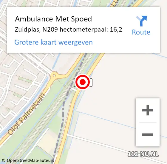 Locatie op kaart van de 112 melding: Ambulance Met Spoed Naar Zuidplas, N209 hectometerpaal: 16,2 op 27 augustus 2023 14:57