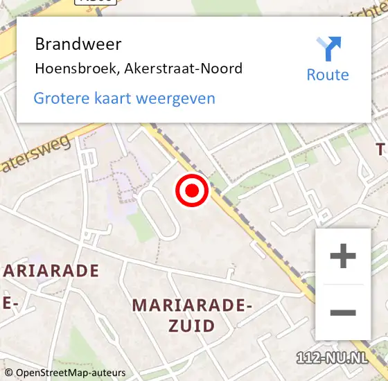 Locatie op kaart van de 112 melding: Brandweer Hoensbroek, Akerstraat-Noord op 27 augustus 2023 15:36