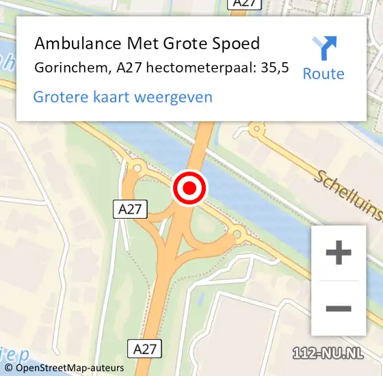Locatie op kaart van de 112 melding: Ambulance Met Grote Spoed Naar Gorinchem, A27 hectometerpaal: 35,5 op 27 augustus 2023 20:30