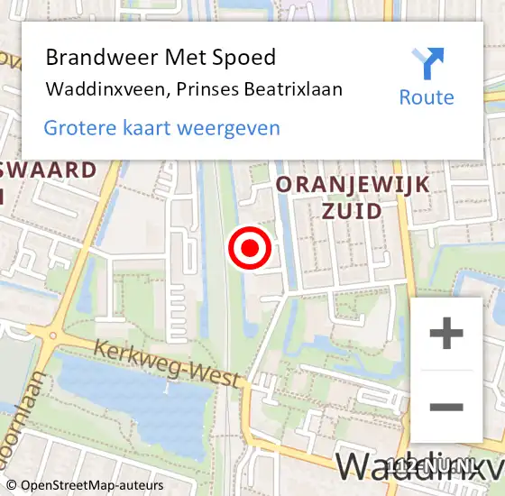 Locatie op kaart van de 112 melding: Brandweer Met Spoed Naar Waddinxveen, Prinses Beatrixlaan op 27 augustus 2023 21:11