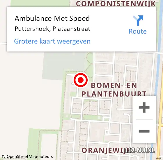 Locatie op kaart van de 112 melding: Ambulance Met Spoed Naar Puttershoek, Plataanstraat op 28 augustus 2023 00:45