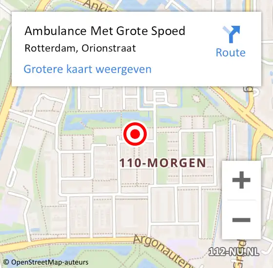 Locatie op kaart van de 112 melding: Ambulance Met Grote Spoed Naar Rotterdam, Orionstraat op 28 augustus 2023 02:51