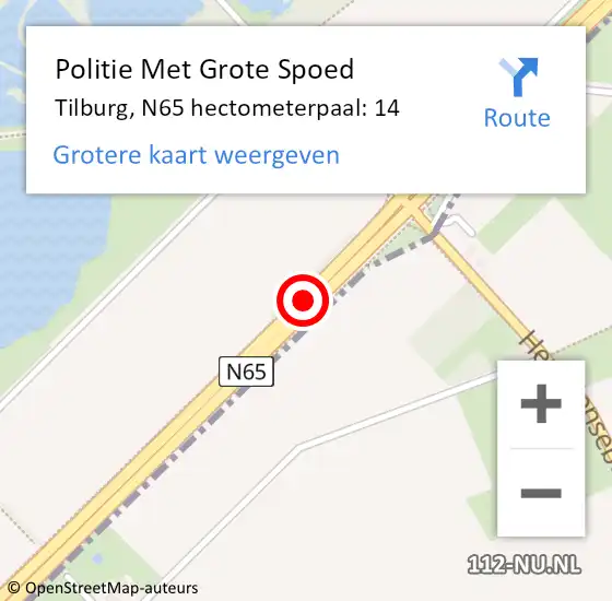 Locatie op kaart van de 112 melding: Politie Met Grote Spoed Naar Tilburg, N65 hectometerpaal: 14 op 28 augustus 2023 03:01