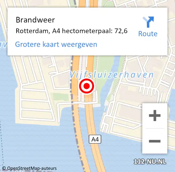 Locatie op kaart van de 112 melding: Brandweer Rotterdam, A4 hectometerpaal: 72,6 op 28 augustus 2023 07:55