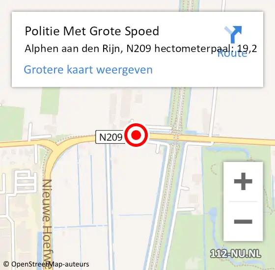 Locatie op kaart van de 112 melding: Politie Met Grote Spoed Naar Alphen aan den Rijn, N209 hectometerpaal: 19,2 op 28 augustus 2023 08:40