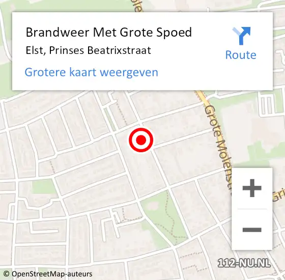Locatie op kaart van de 112 melding: Brandweer Met Grote Spoed Naar Elst, Prinses Beatrixstraat op 28 augustus 2023 08:56