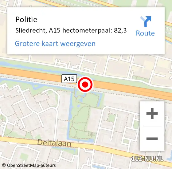 Locatie op kaart van de 112 melding: Politie Sliedrecht, A15 hectometerpaal: 82,3 op 28 augustus 2023 09:56