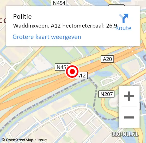 Locatie op kaart van de 112 melding: Politie Waddinxveen, A12 hectometerpaal: 26,9 op 28 augustus 2023 10:35