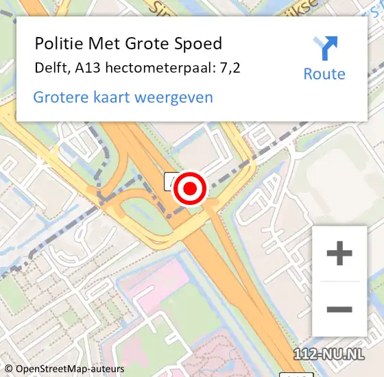 Locatie op kaart van de 112 melding: Politie Met Grote Spoed Naar Delft, A13 hectometerpaal: 7,2 op 28 augustus 2023 11:08