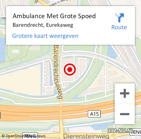 Locatie op kaart van de 112 melding: Ambulance Met Grote Spoed Naar Barendrecht, Eurekaweg op 28 augustus 2023 12:11