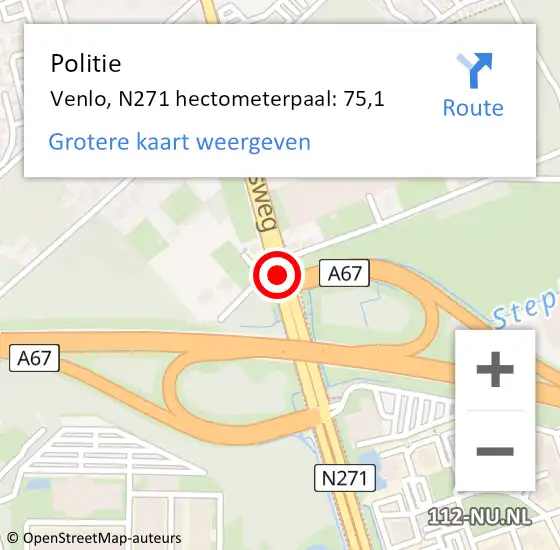 Locatie op kaart van de 112 melding: Politie Venlo, N271 hectometerpaal: 75,1 op 28 augustus 2023 12:22