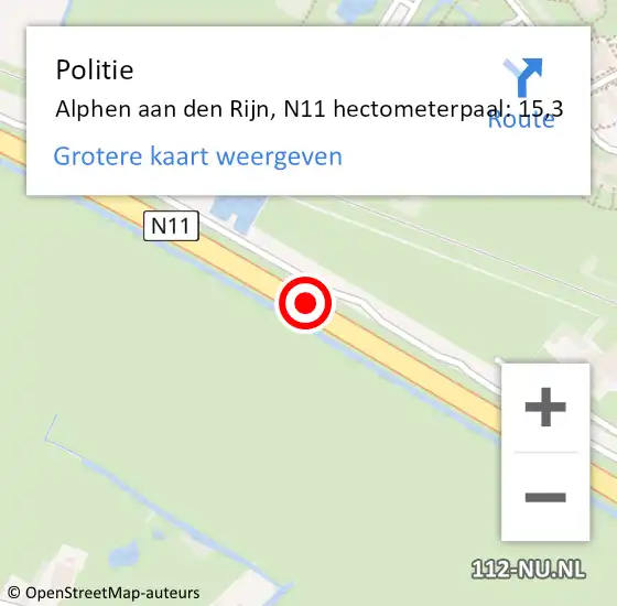 Locatie op kaart van de 112 melding: Politie Alphen aan den Rijn, N11 hectometerpaal: 15,3 op 28 augustus 2023 12:48