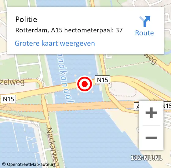 Locatie op kaart van de 112 melding: Politie Rotterdam, A15 hectometerpaal: 37 op 28 augustus 2023 17:24