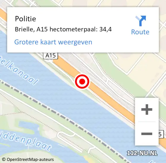 Locatie op kaart van de 112 melding: Politie Brielle, A15 hectometerpaal: 34,4 op 28 augustus 2023 18:42