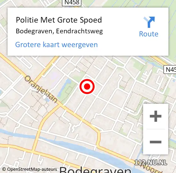 Locatie op kaart van de 112 melding: Politie Met Grote Spoed Naar Bodegraven, Eendrachtsweg op 28 augustus 2023 19:19