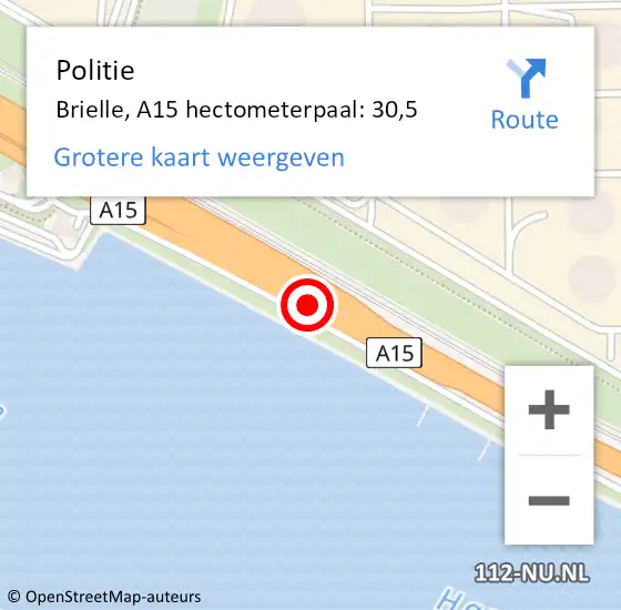 Locatie op kaart van de 112 melding: Politie Brielle, A15 hectometerpaal: 30,5 op 28 augustus 2023 19:39