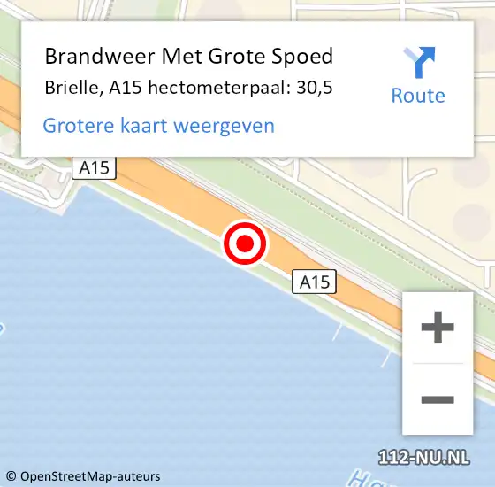 Locatie op kaart van de 112 melding: Brandweer Met Grote Spoed Naar Brielle, A15 hectometerpaal: 30,5 op 28 augustus 2023 19:39