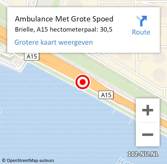 Locatie op kaart van de 112 melding: Ambulance Met Grote Spoed Naar Brielle, A15 hectometerpaal: 30,5 op 28 augustus 2023 19:41