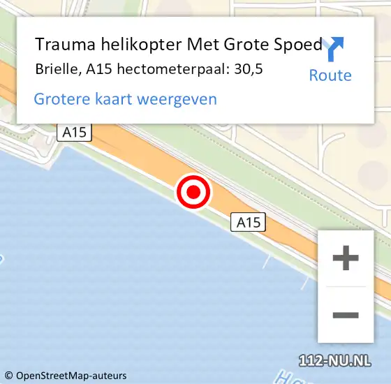 Locatie op kaart van de 112 melding: Trauma helikopter Met Grote Spoed Naar Brielle, A15 hectometerpaal: 30,5 op 28 augustus 2023 19:41