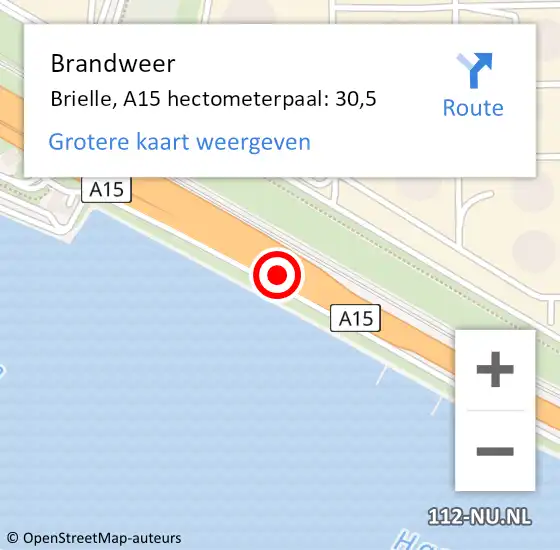 Locatie op kaart van de 112 melding: Brandweer Brielle, A15 hectometerpaal: 30,5 op 28 augustus 2023 20:25