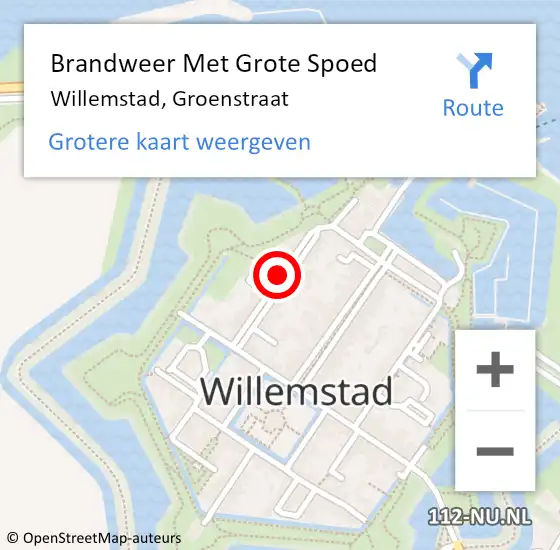 Locatie op kaart van de 112 melding: Brandweer Met Grote Spoed Naar Willemstad, Groenstraat op 28 augustus 2023 20:42