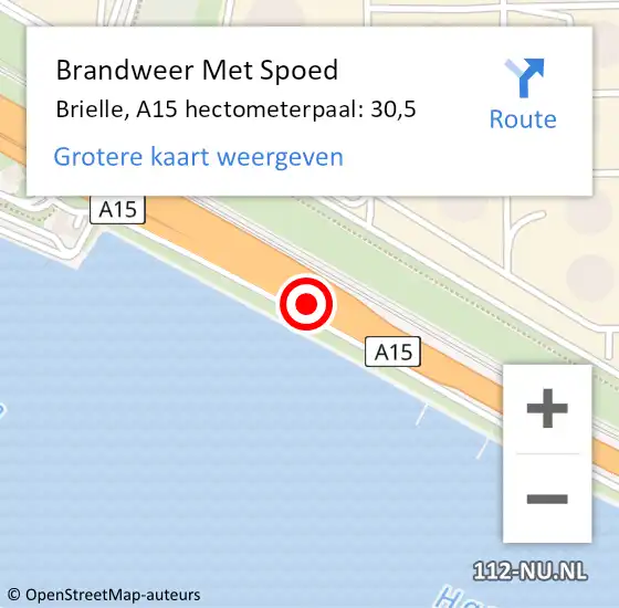 Locatie op kaart van de 112 melding: Brandweer Met Spoed Naar Brielle, A15 hectometerpaal: 30,5 op 28 augustus 2023 21:37