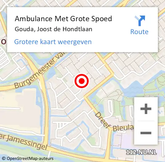 Locatie op kaart van de 112 melding: Ambulance Met Grote Spoed Naar Gouda, Joost de Hondtlaan op 29 augustus 2023 00:38