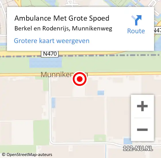 Locatie op kaart van de 112 melding: Ambulance Met Grote Spoed Naar Berkel en Rodenrijs, Munnikenweg op 29 augustus 2023 01:38