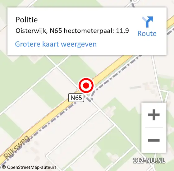Locatie op kaart van de 112 melding: Politie Oisterwijk, N65 hectometerpaal: 11,9 op 29 augustus 2023 03:06